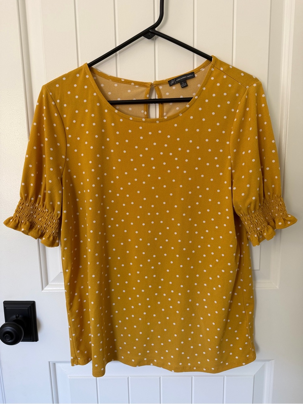 Adrianna Papell Mustard Polka Dot Short Sleeve Blouse